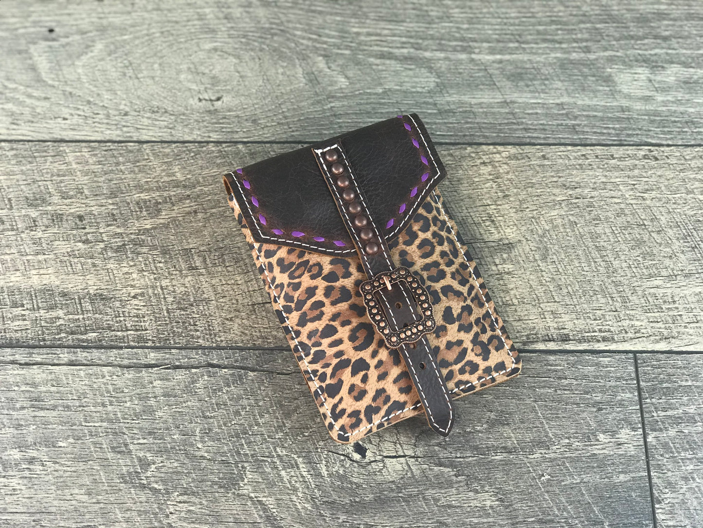 Saddle Purse - Cheetah w/Purple Buckstitching