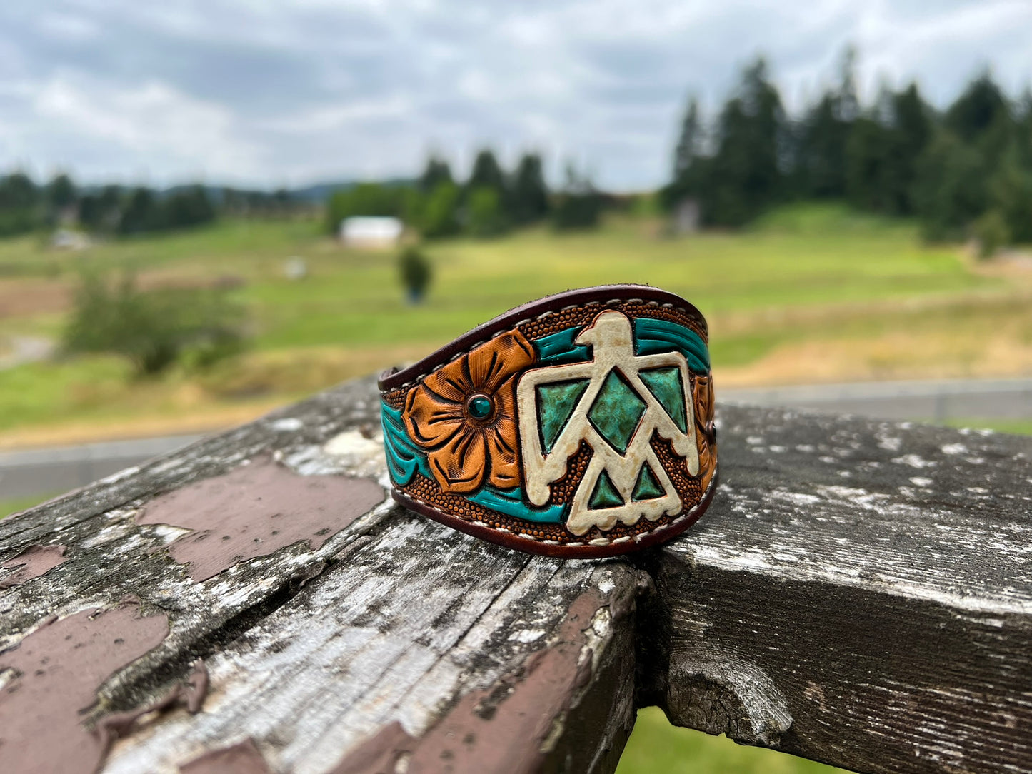 Tooled Cuff - Turquoise w/White Thunderbird